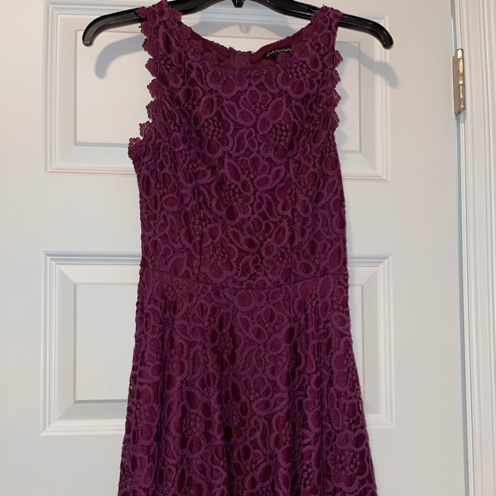 Jodi Kristopher Lace Floral Fit and Flare Dress Burgundy High Neckline size 1